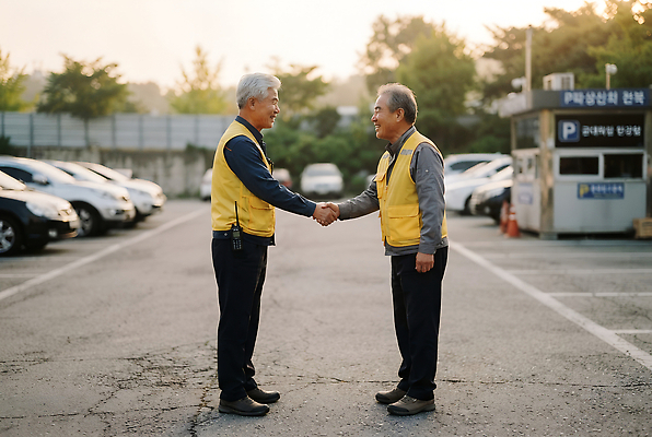 JPG 편집이미지 노년 자동차 악수 표정 대화 두명 일상 만남 주차장 교류 친목 의료성형뷰티 주차요원 액티브시니어 대면 편집실사 AI인물포토 AI콘텐츠 직업 육상교통 컨셉 말하기 사람 손짓 성인 라이프 실버라이프 CG 파일형식 AI포토 라이프스타일 교통수단 모션 생활 교통