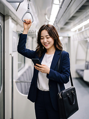 JPG 편집이미지 여자 대중교통 손잡이 미소 사람 정장 내부 스마트폰 핸드폰 직장인 전철 출근 출퇴근 혼자 의료성형뷰티 편집실사 AI인물포토 AI콘텐츠 직업 옷 육상교통 교통수단 비즈니스 표정 전자제품 스마트기기 CG 파일형식 AI포토 교통