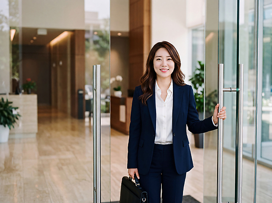 JPG 편집이미지 옷 여자 가방 출입구 직장 미소 사람 정장 일상 사무실 업무 직장인 출근 방문 의료성형뷰티 편집실사 AI인물포토 AI콘텐츠 직업 잡화 회사 비즈니스 표정 라이프 작업 CG 출퇴근 파일형식 AI포토 생활