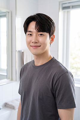JPG 편집이미지 남자 행복 티셔츠 실내 미소 일상 청결 거울 욕실 의료성형뷰티 편집실사 AI포토 AI인물포토 AI콘텐츠 감정 셔츠 표정 사람 내부 라이프 위생 CG 파일형식 상의 생활 옷