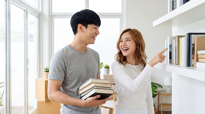 JPG 편집이미지 여자 남자 책장 선반 대화 웃음 책 친구 이사 정리 의료성형뷰티 편집실사 AI인물포토 AI콘텐츠 가구 관계 표정 말하기 사람 CG 파일형식 AI포토 생활용품 모션 오브젝트