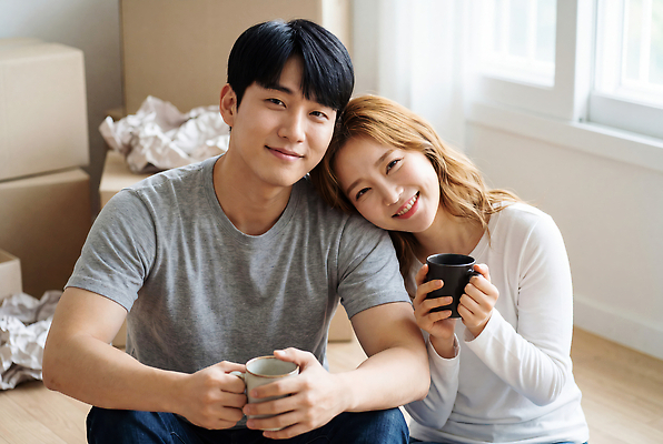 JPG 편집이미지 여자 남자 커피 휴식 주택 실내 표정 대화 웃음 앉기 두명 상자 기댐 머그컵 이사 의료성형뷰티 편집실사 AI인물포토 AI콘텐츠 음료 컨셉 모션 말하기 사람 내부 건물 컵 CG 파일형식 AI포토 식기 건축물 건축