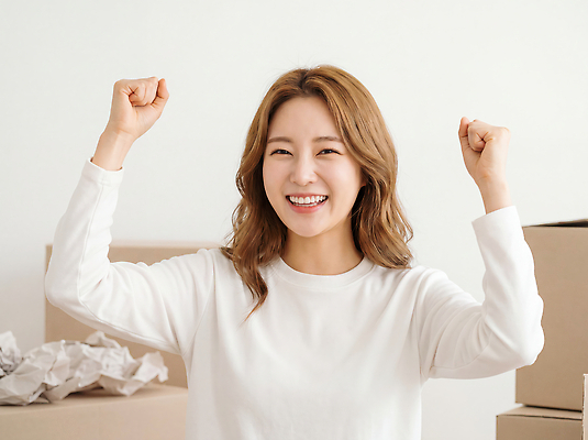 JPG 편집이미지 여자 행복 감정 표정 웃음 상자 주먹 기쁨 이사 의료성형뷰티 편집실사 AI인물포토 AI콘텐츠 모션 사람 CG 파일형식 AI포토