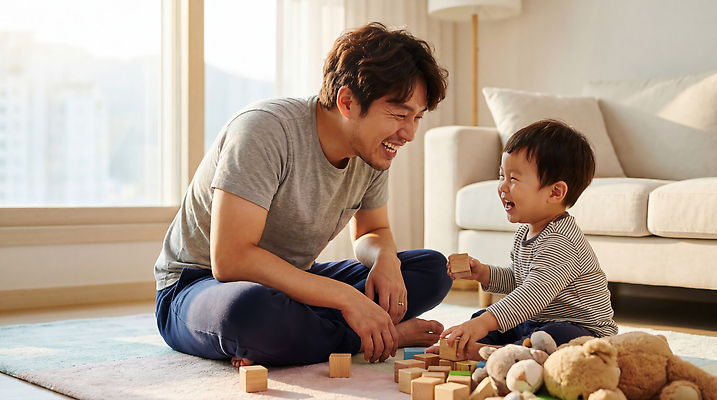 JPG 편집이미지 남자 행복 아들 어린이 거실 가족 놀이 웃음 장난감 햇빛 블록 육아 아빠 소통 의료성형뷰티 육아대디 편집실사 AI인물포토 AI콘텐츠 감정 컨셉 관계 표정 사람 빛 CG 파일형식 AI포토