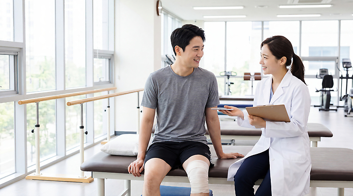 JPG 편집이미지 여자 남자 의학 건강 대화 치료 운동 환자 의사 센터 전문직 상처 물리치료 재활 지원 회복 의료성형뷰티 편집실사 AI인물포토 AI콘텐츠 직업 컨셉 말하기 사람 의료진 CG 파일형식 AI포토 모션