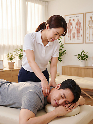 JPG 편집이미지 여자 남자 신체 건강 치료 마사지 편안함 마사지사 어깨 긴장 물리치료 재활 의료성형뷰티 편집실사 AI인물포토 AI콘텐츠 직업 감정 의학 사람 신체부위 감각 CG 파일형식 AI포토
