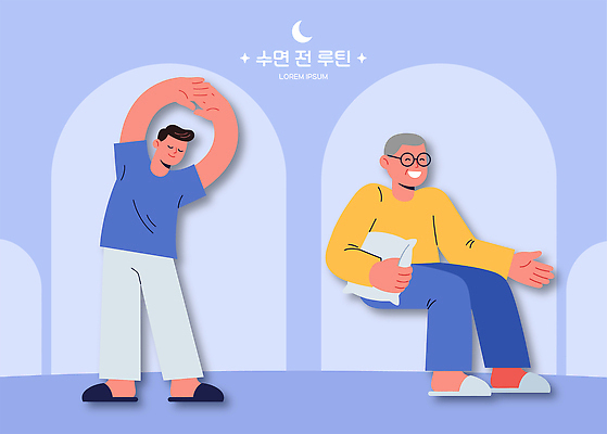 남자 일러스트 휴식 실내 표정 건강 대화 두명 친구 스트레칭 수면 편안함 준비 일과 스타일 국내일러스트 AI파일 컨셉 관계 말하기 사람 내부 운동 감각 파일형식 벡터 모션