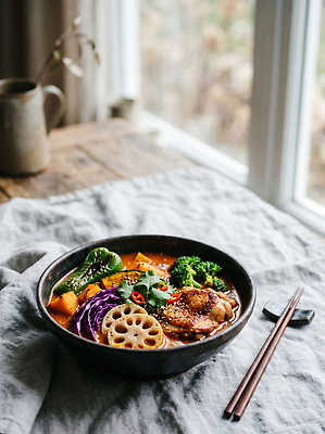 JPG 편집이미지 그릇 채소 요리 식사 창가 카레 건강식 육수 식사준비 맛있는 편집실사 AI포토 AI콘텐츠 식기 음식 창문 CG 준비 파일형식