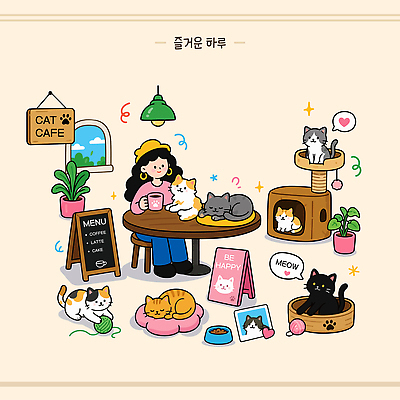 여자 행복 음료 일러스트 디저트 라이프 반려동물 장난감 고양이 카페 고객 일과 스크래치 놀기 애묘카페 국내일러스트 AI파일 동물 감정 음식 포유류 모션 사람 생활 상점 파일형식 벡터