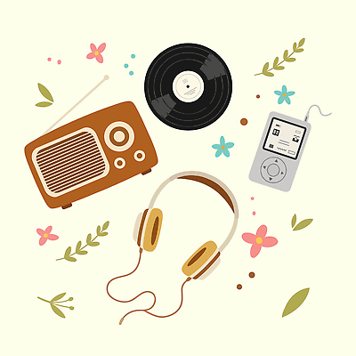 꽃 예술 음악 이어폰 일러스트 취미 장식 헤드셋 소리 듣기 도구 레코드 추억 MP3 라디오 창작 스타일 국내일러스트 AI파일 식물 음향기기 컨셉 모션 문화예술 전자제품 헤드폰 음반 파일형식 벡터