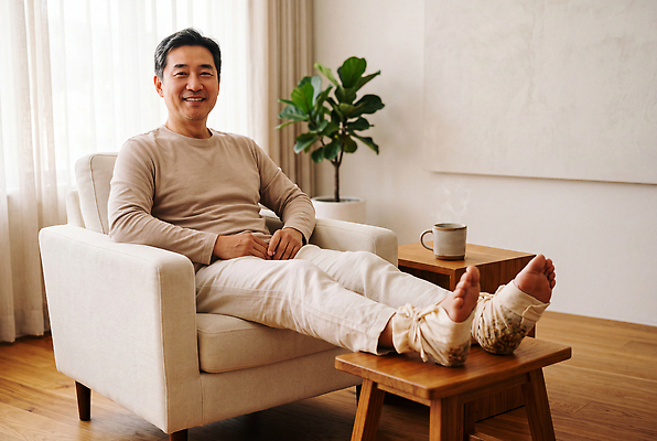 JPG 편집이미지 남자 커피 발 휴식 실내 건강 미소 생활 치료 소파 편안함 한약 붕대 찜질 회복 의료성형뷰티 편집실사 AI인물포토 AI콘텐츠 음료 컨셉 의자 의학 표정 사람 내부 신체부위 약 감각 CG 파일형식 AI포토 가구 생활용품 오브젝트