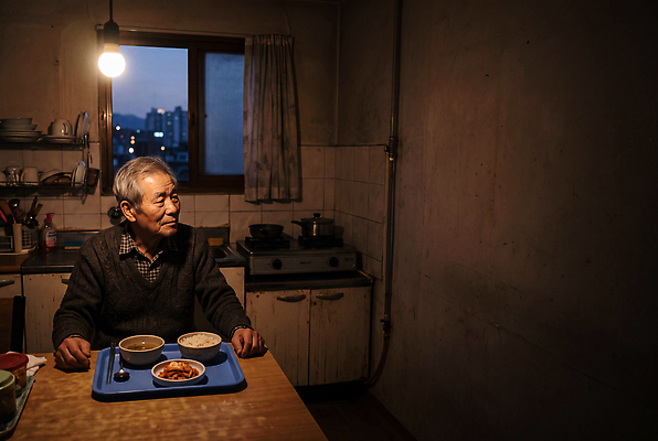 JPG 편집이미지 그릇 할아버지 노년 창문 밥 조명 주방 숟가락 식사 기다림 고독 저녁 가난 의료성형뷰티 취약계층 편집실사 AI인물포토 AI콘텐츠 식기 남자 감정 음식 컨셉 모션 수저 성인 밤 야간 CG 계급 파일형식 AI포토 자연요소 사람