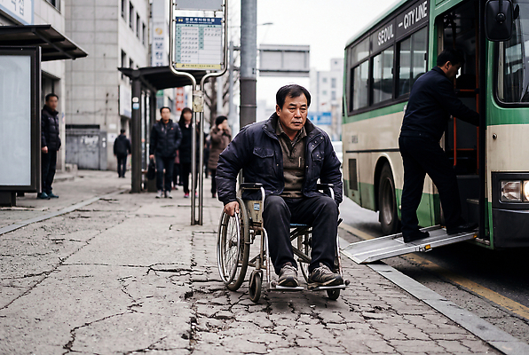 JPG 편집이미지 남자 이동 거리 버스 대중교통 여러명 생활 도시 보행자 승차 장애인 휠체어 지원 편의시설 의료성형뷰티 불편함 취약계층 편집실사 AI인물포토 AI콘텐츠 육상교통 교통수단 다수 컨셉 모션 사람 감각 CG 시설 장애 계급 파일형식 AI포토 교통