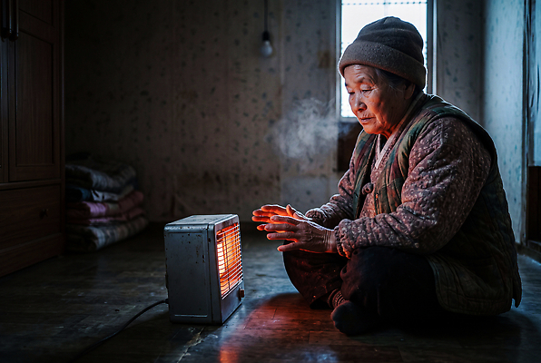 JPG 편집이미지 노년 겨울 실내 따뜻함 표정 생활 고요 방 가난 난로 보온 의료성형뷰티 취약계층 편집실사 AI인물포토 AI콘텐츠 계절 컨셉 성인 내부 난방기 CG 계급 파일형식 AI포토 사람 난방용품 오브젝트 난방