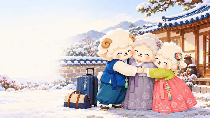 JPG 겨울 일러스트 가족 포옹 새해 산 한옥 따뜻함 세마리 사랑 설날 여행가방 눈 양띠 한복 양캐릭터 고향 귀성길 국내일러스트 AI일러스트 AI콘텐츠 정미년 한국전통 계절 명절 감정 동물캐릭터 고건축 가방 관계 안기 3 십이지신 양 전통의상 파일형식 2027년 동물 캐릭터 전통 건축물 잡화 기념일 포유류 모션 한국 연도 건축 아시아 이벤트 나라