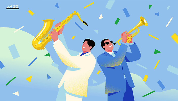 남자 예술 악기 연주 일러스트 파티 축제 소리 공연 무대 축하 분위기 색소폰 즐거움 트럼펫 재즈 국내일러스트 AI파일 감정 음악 컨셉 사람 이벤트 목관악기 금관악기 파일형식 벡터 문화예술 관악기