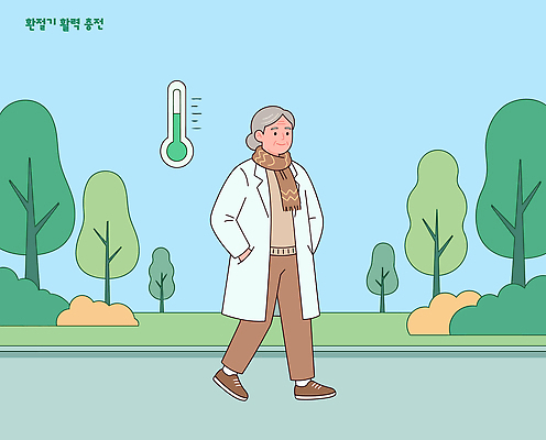 나무 공원 노년 일러스트 자연 날씨 표정 건강 일상 걷기 환경 산책 온도계 외출 힐링 기온 기후변화 환절기 국내일러스트 AI파일 식물 계절 공공시설 모션 휴식 성인 라이프 변화 생태계 파일형식 벡터 컨셉 사람 생활 시설