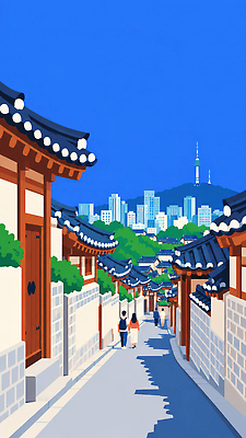 JPG 나무 전통 문화 길 여행 일러스트 하늘 거리 서울 여러명 건물 파란색 도시풍경 걷기 역사 골목길 한옥마을 남산타워 국내일러스트 AI일러스트 AI콘텐츠 식물 건축물 컬러 다수 모션 한옥 한국 사람 풍경 마을 도시 남산 파일형식 한국전통 건축 아시아 고건축 랜드마크 나라