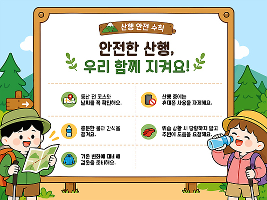 나무 교육 일러스트 자연 산 경고 소녀 소년 야외 환경 정보 표지판 보호 예방 안전수칙 산행 국내일러스트 AI파일 식물 여자 남자 어린이 컨셉 알림판 안전 등산 생태계 파일형식 벡터 사람 트래킹 레저
