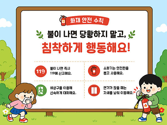 교육 일러스트 안내 소녀 소년 표지판 위험 예방 화재 안전수칙 안전교육 소화기 비상구 119 신고 국내일러스트 AI파일 여자 남자 어린이 컨셉 알림판 안전 안전장비 소방 사건 전화번호 파일형식 벡터 사람 장비