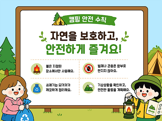 일러스트 불 소녀 야외 친구 자연보호 환경 표지판 쓰레기 소중 캠핑장 안전수칙 규칙 구분 방법 책임감 처리 국내일러스트 AI파일 자연요소 여자 어린이 컨셉 관계 자연 알림판 안전 캠핑 보호 파일형식 벡터 레저 사람 생태계