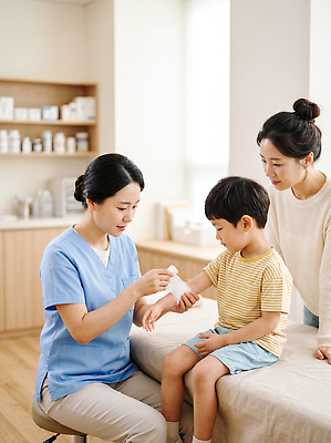 JPG 편집이미지 어린이 엄마 건강 치료 부모 진료 간호사 도움 보호 상처 편안함 붕대 방문 소아과 팔 의료성형뷰티 편집실사 AI인물포토 AI콘텐츠 컨셉 의학 가족 병원 사람 신체부위 의료진 감각 CG 파일형식 AI포토 직업 관계