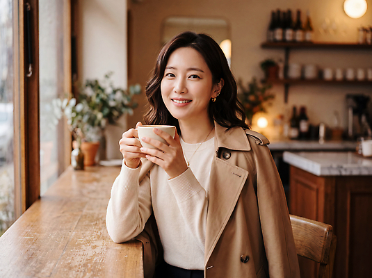 JPG 나무 편집이미지 여자 커피 음료 탁자 미소 웃음 사람 내부 컵 카페 가을 휴일 편안함 브런치 의료성형뷰티 편집실사 AI인물포토 AI콘텐츠 식물 식기 계절 가구 표정 상점 식사 감각 CG 파일형식 AI포토 생활용품 오브젝트