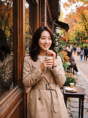 JPG 나무 편집이미지 여자 음료 단풍 거리 웃음 풍경 치마 걷기 카페 마시기 가을 휴일 트렌치코트 외출 의료성형뷰티 편집실사 AI인물포토 AI콘텐츠 식물 계절 잎 모션 하의 표정 사람 상점 코트 CG 파일형식 AI포토 옷 외투 상의