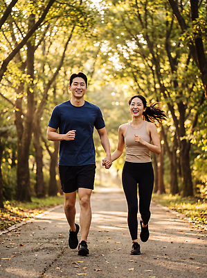 JPG 나무 편집이미지 커플 공원 감정 길 자연 아침 건강 달리기 조깅 운동 햇빛 손잡기 러닝 의료성형뷰티 편집실사 AI인물포토 AI콘텐츠 주간 식물 공공시설 관계 모션 빛 CG 생태계 파일형식 AI포토 자연요소 시설