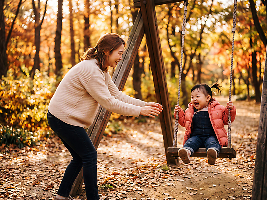JPG 나무 편집이미지 공원 어린이 가족 자연 놀이 모녀 엄마 웃음 가을 밀기 즐거움 외출 그네 의료성형뷰티 편집실사 AI인물포토 AI콘텐츠 식물 계절 공공시설 딸 감정 관계 모션 표정 사람 CG 생태계 파일형식 AI포토 시설