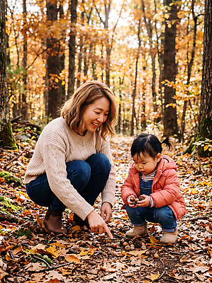 JPG 나무 편집이미지 어린이 가족 자연 놀이 모녀 엄마 나뭇잎 이야기 가을 관찰 숲 즐거움 조화 의료성형뷰티 편집실사 AI인물포토 AI콘텐츠 식물 계절 딸 감정 잎 관계 모션 사람 CG 생태계 파일형식 AI포토