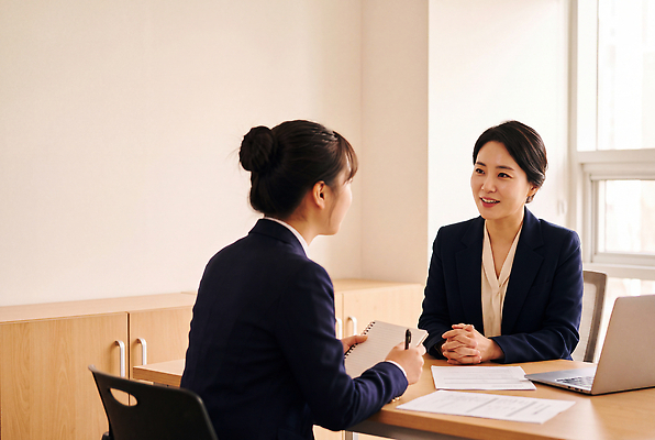 JPG 편집이미지 여자 고등학생 고등학교 대화 인사 체험 질문 입시 준비 면접 답변 면담 의료성형뷰티 대면 편집실사 AI인물포토 AI콘텐츠 학생 컨셉 비즈니스 학교 청소년 말하기 사람 학습 예절 CG 파일형식 AI포토 교육 모션