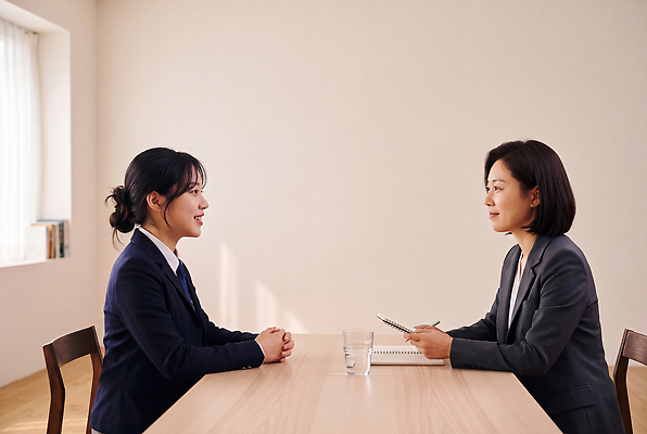 JPG 편집이미지 탁자 고등학생 커뮤니케이션 잔 고등학교 대화 미소 사람 정장 공책 도구 질문 입시 면접 긴장 대답 의료성형뷰티 편집실사 AI인물포토 AI콘텐츠 학생 식기 옷 감정 가구 비즈니스 학교 청소년 문구용품 표정 말하기 학습 CG 파일형식 AI포토 교육 생활용품 모션 오브젝트