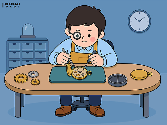 남자 시계 일러스트 실내 기계 방 도구 공구 작업 부속품 수리 정비공 장인 작업대 장인정신 국내일러스트 AI파일 사람 내부 기술자 오브젝트 파일형식 벡터 직업