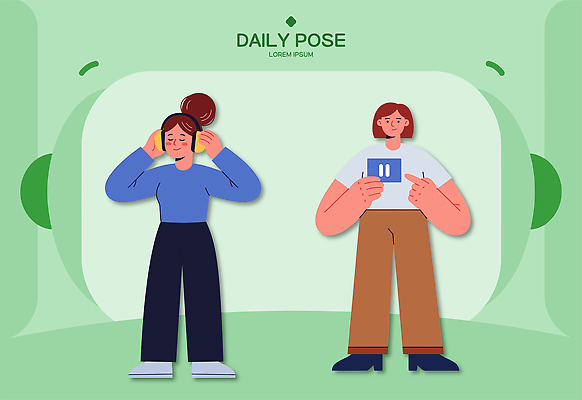 디자인 응시 여자 음악 포즈 일러스트 일상 스크린 듣기 집중 국내일러스트 AI파일 시선 컨셉 모션 문화예술 사람 라이프 파일형식 벡터 생활