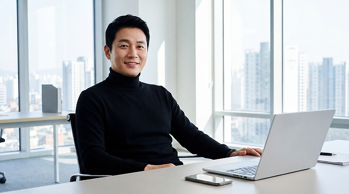 JPG 편집이미지 남자 비즈니스 창문 직장 기술 대화 미소 건물 컴퓨터 사무실 도시 작업 사무 모던 전문 의료성형뷰티 편집실사 AI인물포토 AI콘텐츠 건축물 회사 표정 말하기 사람 전자제품 업무 CG 파일형식 AI포토 건축 모션
