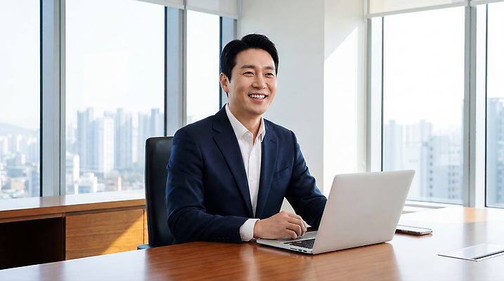 JPG 편집이미지 남자 창 비즈니스 회의 직장 미소 풍경 컴퓨터 사무실 도시 업무 의료성형뷰티 편집실사 AI인물포토 AI콘텐츠 회사 표정 사람 전자제품 작업 CG 파일형식 AI포토