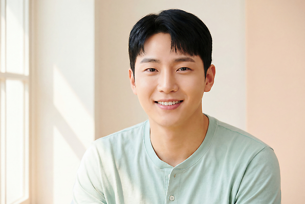JPG 편집이미지 남자 벽 표정 밝음 웃음 사람 햇빛 창가 의료성형뷰티 편집실사 AI인물포토 AI콘텐츠 창문 빛 CG 파일형식 AI포토