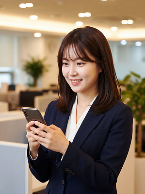 JPG 편집이미지 헤어스타일 여자 직장 기술 정장 일상 스마트폰 사무실 공간 업무 메시지 직원 의사소통 의료성형뷰티 편집실사 AI인물포토 AI콘텐츠 옷 회사 비즈니스 사람 라이프 핸드폰 스마트기기 작업 CG 파일형식 AI포토 생활 전자제품