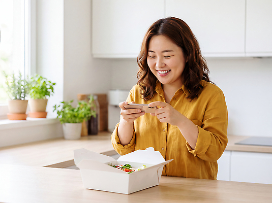 JPG 편집이미지 여자 행복 화분 음식 요리 취미 일상 스마트폰 주방 식사 배송 의료성형뷰티 편집실사 AI인물포토 AI콘텐츠 감정 사람 라이프 핸드폰 스마트기기 CG 파일형식 AI포토 생활 전자제품