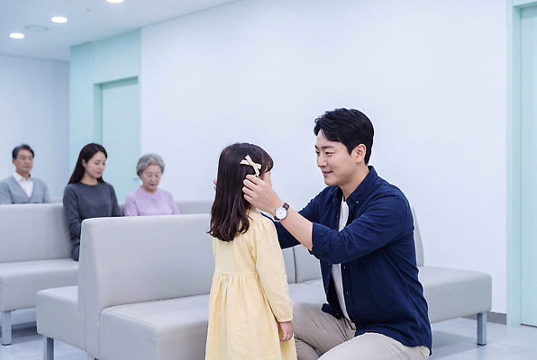 JPG 편집이미지 딸 어린이 가족 관계 실내 대화 웃음 여러명 부모 공간 아빠 소통 대기실 의료성형뷰티 편집실사 AI인물포토 AI콘텐츠 다수 컨셉 표정 말하기 사람 내부 CG 파일형식 AI포토 모션