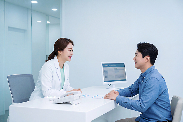 JPG 편집이미지 건강 병원 대화 치료 진료 환자 의사 정보 질문 상담 상담실 전문 의료성형뷰티 편집실사 AI인물포토 AI콘텐츠 의학 말하기 의료진 CG 파일형식 AI포토 직업 모션