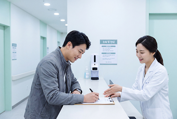 JPG 편집이미지 남자 안내 건강 병원 치료 진료 환자 의사 상담 문서 서명 대기실 의료성형뷰티 편집실사 AI인물포토 AI콘텐츠 의학 사람 공간 의료진 CG 파일형식 AI포토 직업