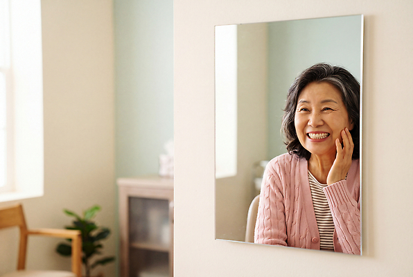 JPG 편집이미지 여자 의자 치과 미소 웃음 사람 거울 방 편안함 틀니 의료성형뷰티 편집실사 AI인물포토 AI콘텐츠 가구 표정 병원 감각 치아 CG 파일형식 AI포토 생활용품 의학 소화기관 장기 오브젝트 신체
