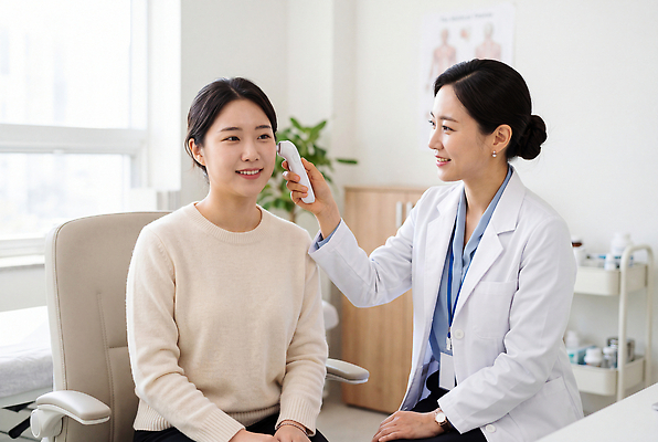 JPG 편집이미지 여자 의학 의료기기 병원 사람 진료 의사 전문직 체온계 체온 건강검진 증상 의료성형뷰티 편집실사 AI인물포토 AI콘텐츠 직업 의료진 온도계 CG 검사 파일형식 AI포토