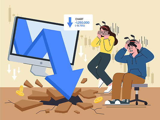 일러스트 그래프 금융 컴퓨터 스크린 변화 주식 가격 무서움 하락 분석 고민 걱정 반응 손실 투자자 혼란 국내일러스트 AI파일 감정 컨셉 경제 전자제품 투자 파일형식 벡터 비즈니스