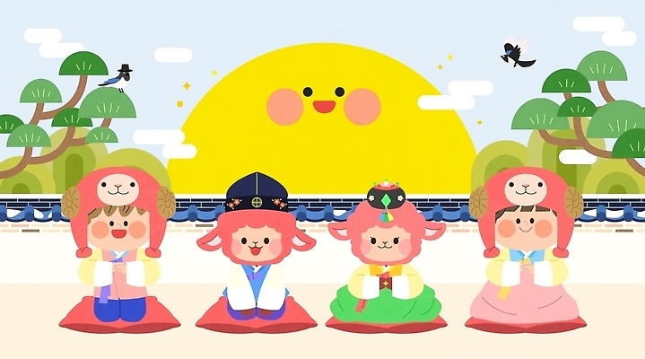 캐릭터 문화 일러스트 놀이 앉기 해변 친구 태양 귀여움 새해인사 전통의상 한복 국내일러스트 AI파일 정미년 붉은양 자연요소 한국전통 전통 바다 컨셉 관계 모션 새해 인사 양 파일형식 벡터 2027년 포유류 한국 예절 연도 동물 아시아 나라