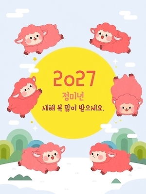 일러스트 웃음 태양 귀여움 새해인사 인사 양 한복 언덕 2027년 국내일러스트 AI파일 정미년 붉은양 자연요소 한국전통 컨셉 포유류 새해 표정 예절 전통의상 연도 파일형식 벡터 동물 전통 한국 아시아 나라
