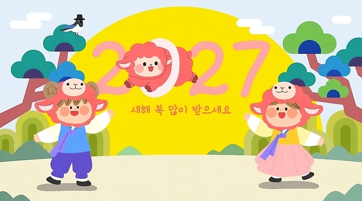 나무 캐릭터 전통 문화 어린이 일러스트 여러명 태양 새해인사 축하 양 한복 2027년 국내일러스트 AI파일 정미년 붉은양 자연요소 식물 한국전통 다수 컨셉 포유류 새해 사람 인사 전통의상 연도 파일형식 벡터 동물 한국 예절 아시아 나라