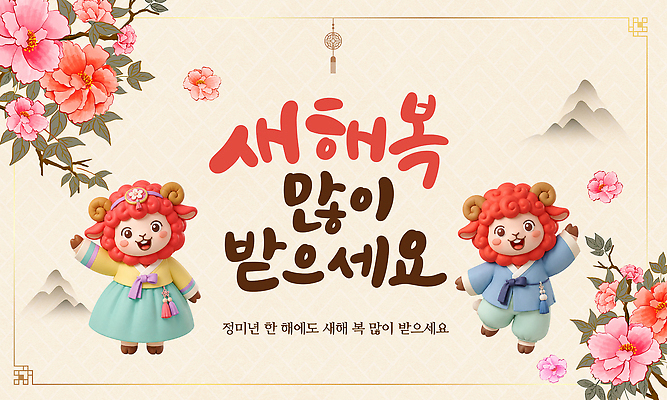 편집이미지 캐릭터 전통 꽃 문화 새해 산 한국 새해인사 축하 한복 새해복많이받으세요 이미지편집 AI파일 정미년 붉은양 식물 한국전통 아시아 컨셉 인사 양 전통의상 파일형식 벡터 2027년 나라 포유류 예절 연도 동물